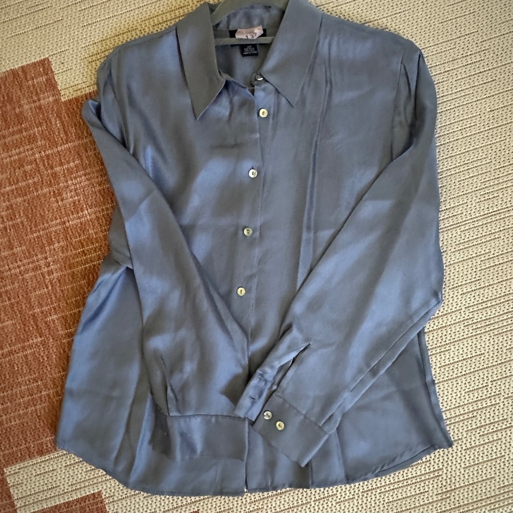 Ann Taylor Women's Slate Blue Silk Button Down Shirt